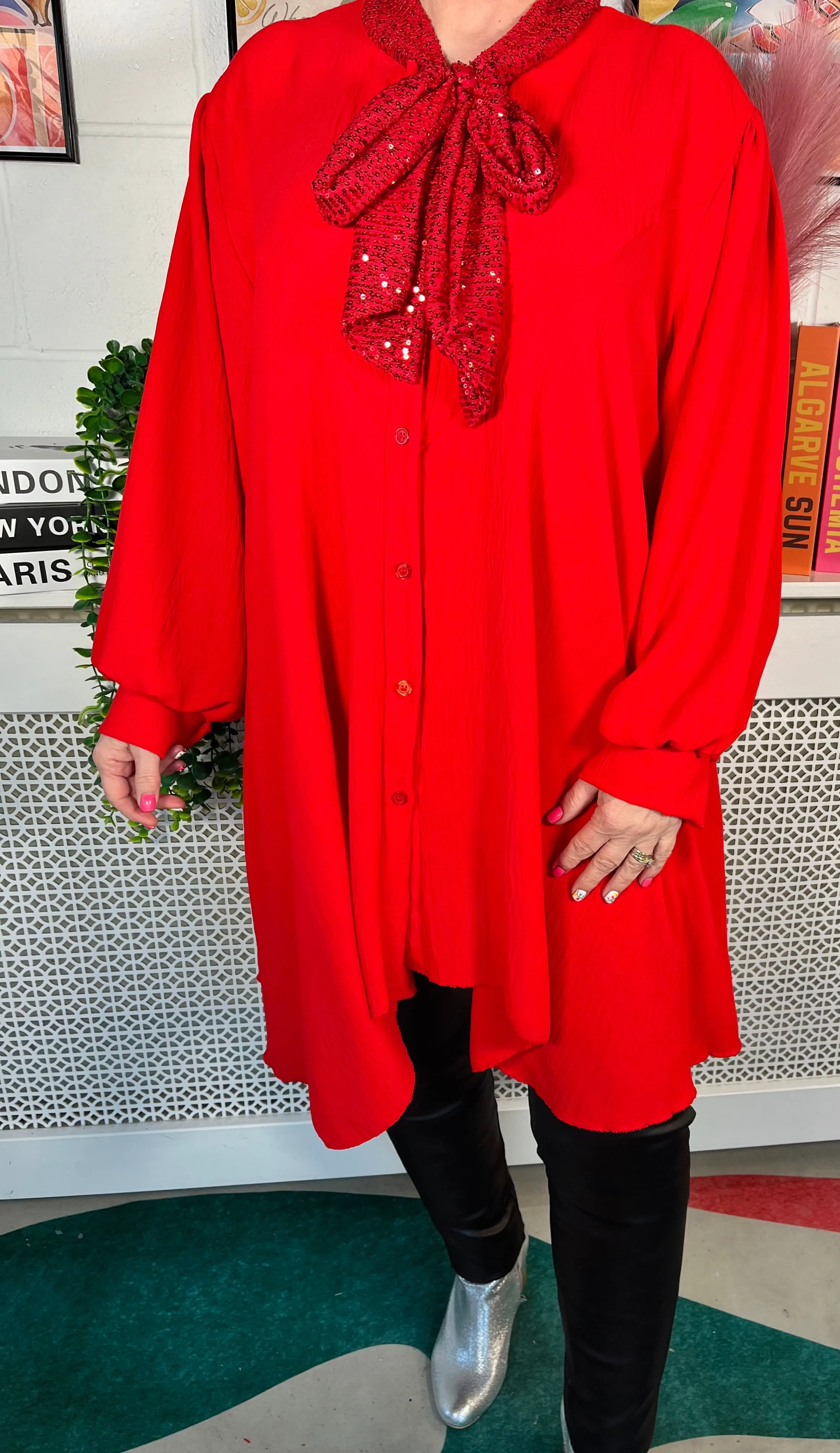 Chrissy Sequinned Bow Shirt - Red