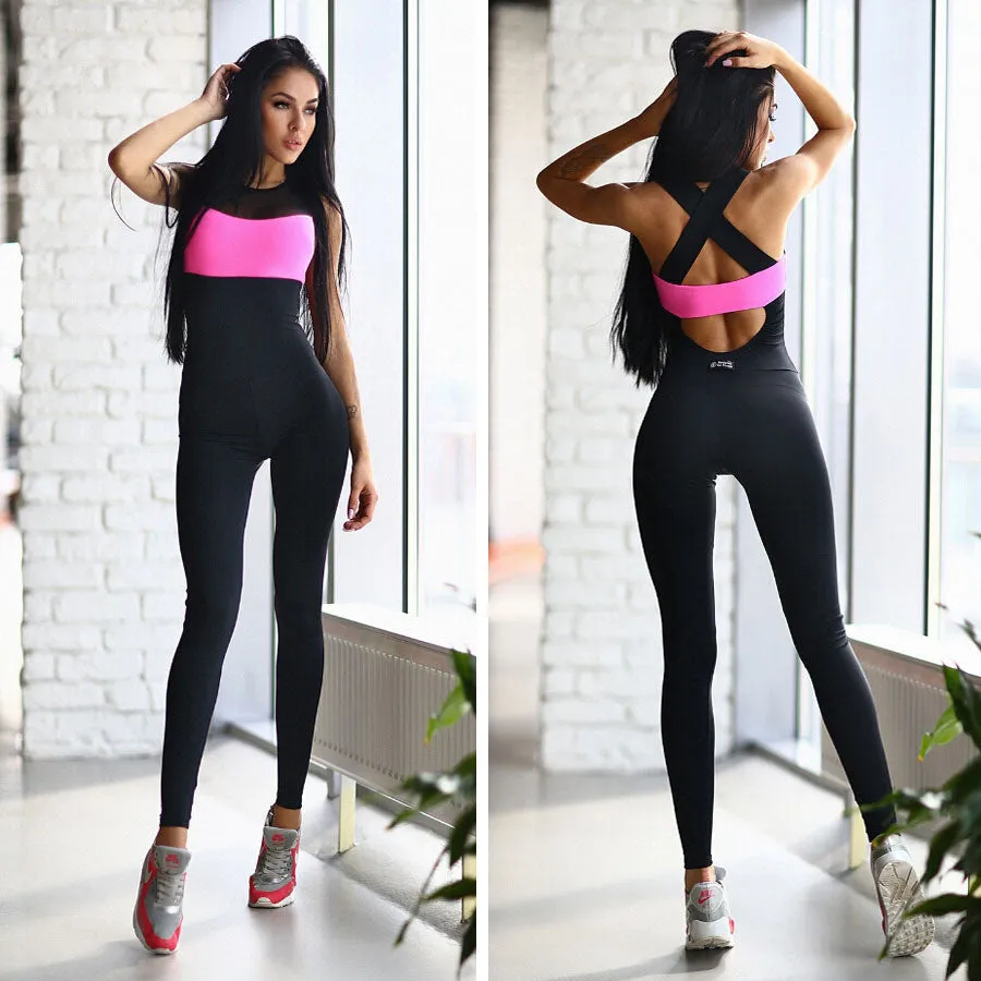 Contrast Color Hollow Out Back Long Sports Jumpsuit