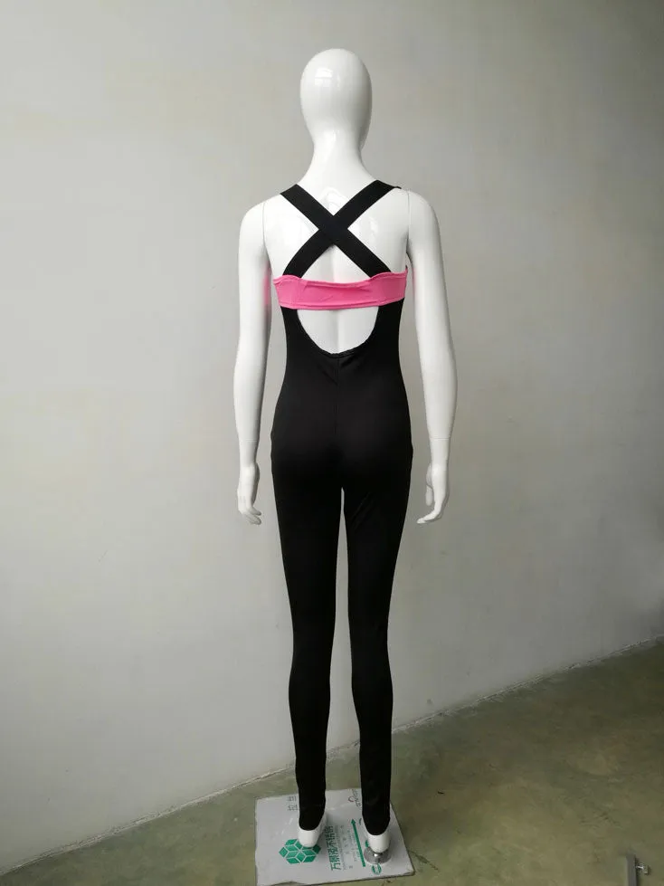 Contrast Color Hollow Out Back Long Sports Jumpsuit