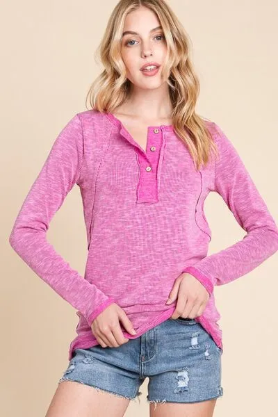 Contrast Trim Half Button Long Sleeve T-Shirt