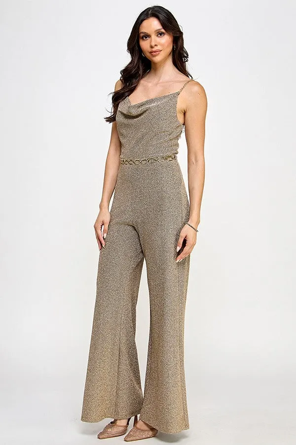 cowl neck chain straps & belt lurex jumpsuit