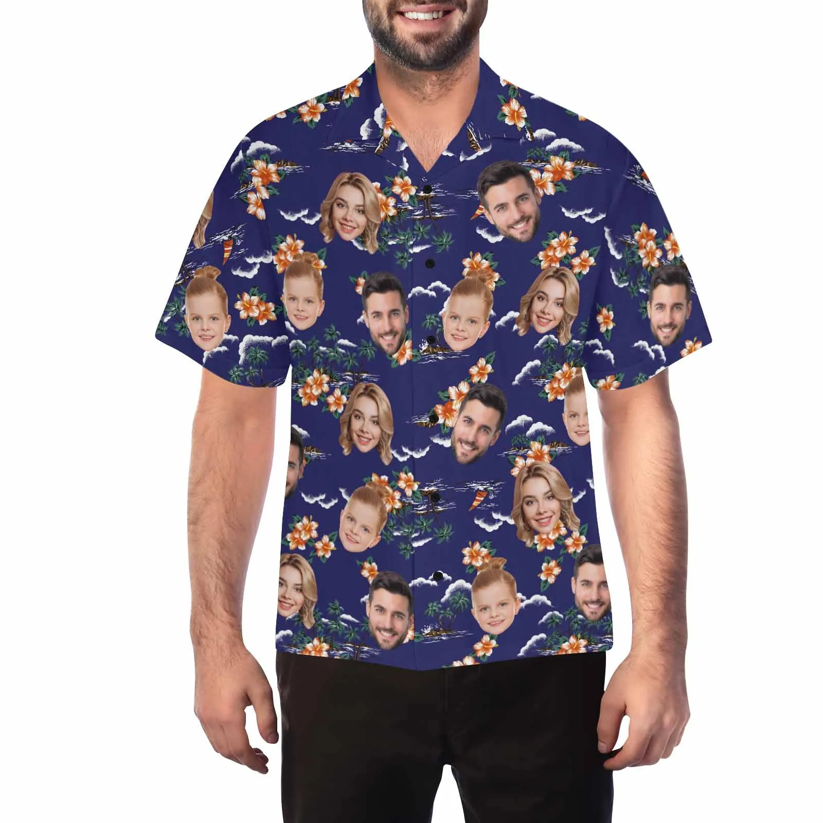 Custom two Face Hawaiian Shirt For Men With Tropical Floral Print Personalized Family Photos On Aloha Shirts Funny Gift