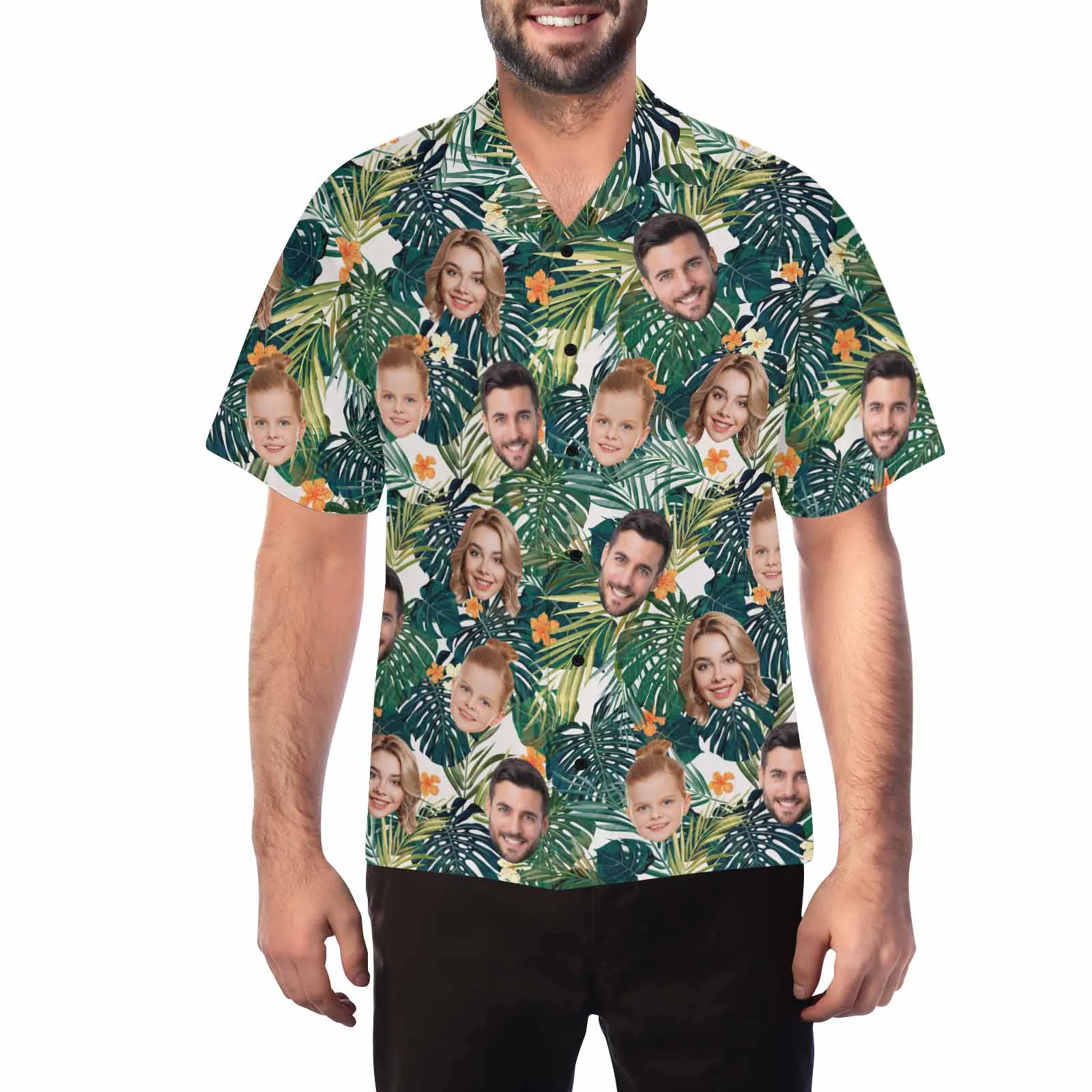 Custom two Face Hawaiian Shirt For Men With Tropical Floral Print Personalized Family Photos On Aloha Shirts Funny Gift