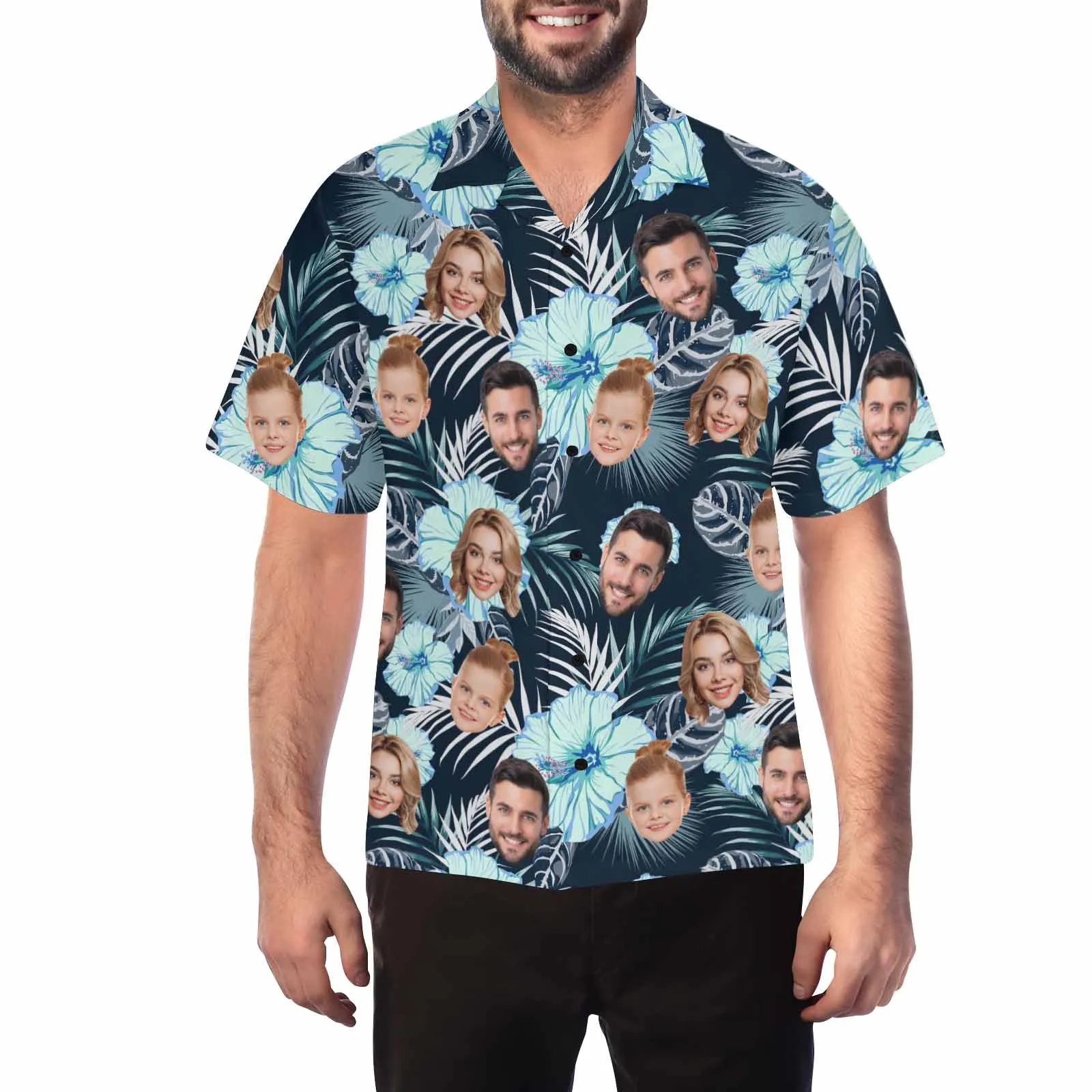 Custom two Face Hawaiian Shirt For Men With Tropical Floral Print Personalized Family Photos On Aloha Shirts Funny Gift