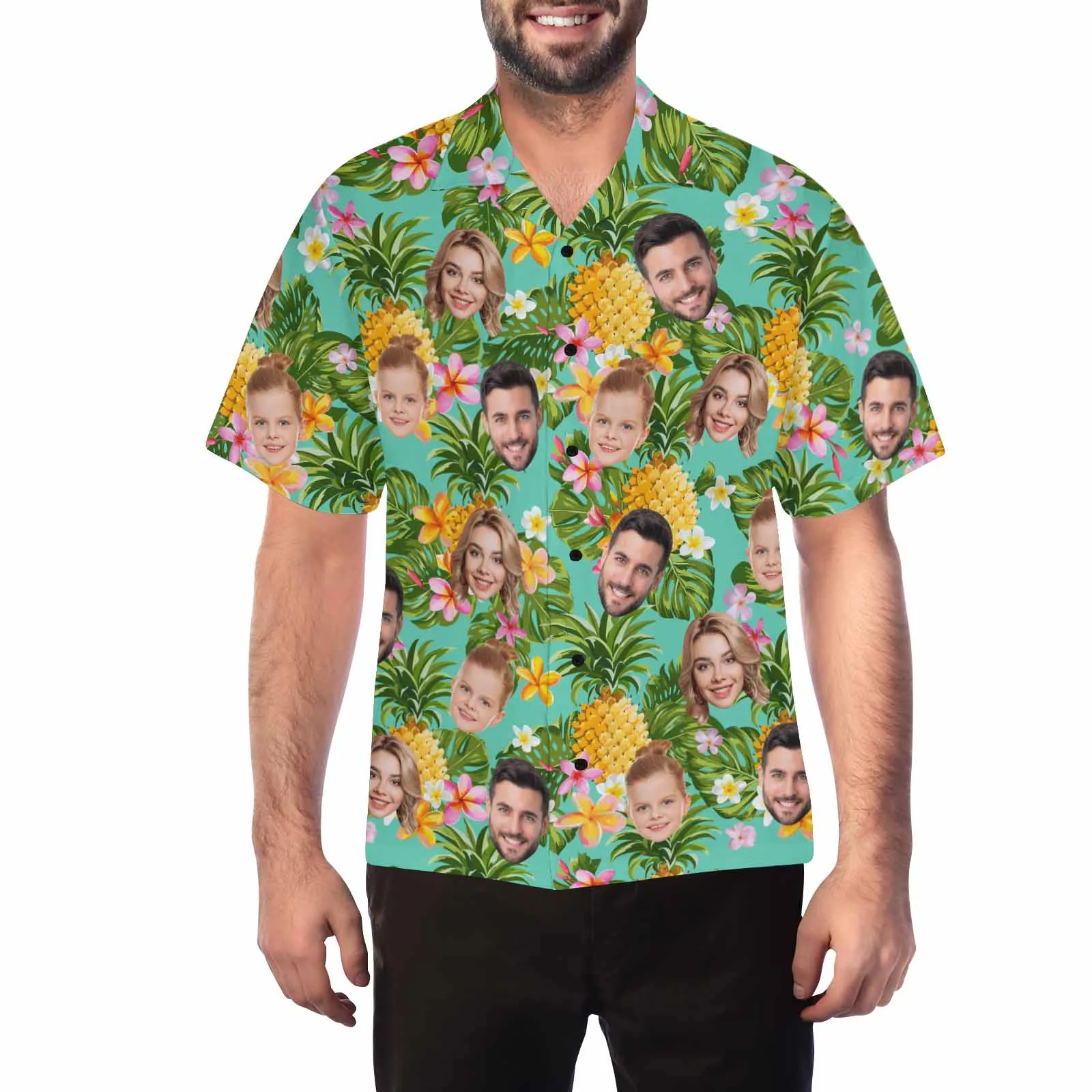 Custom two Face Hawaiian Shirt For Men With Tropical Floral Print Personalized Family Photos On Aloha Shirts Funny Gift
