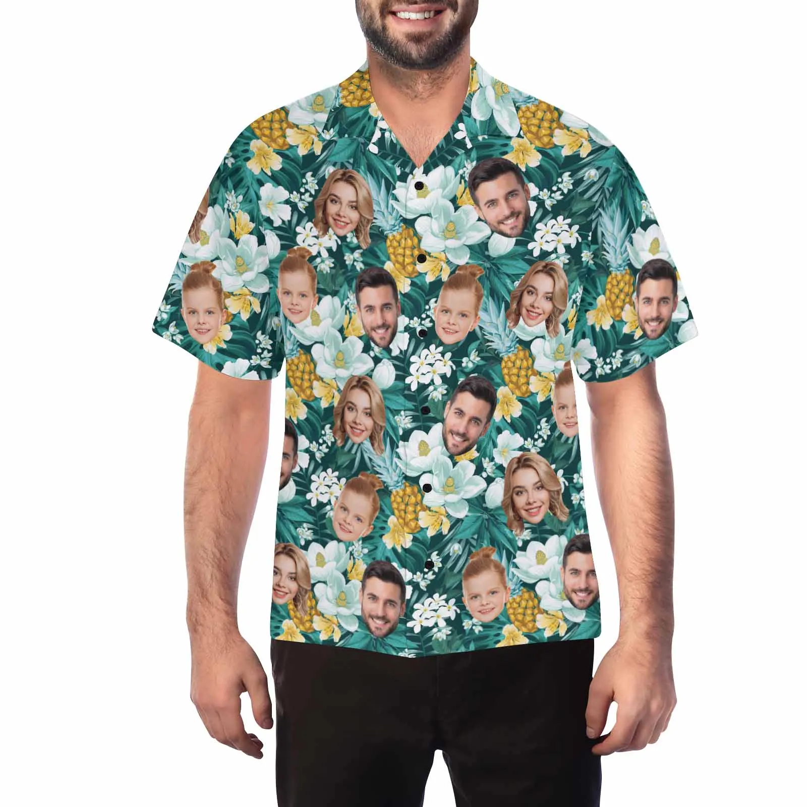 Custom two Face Hawaiian Shirt For Men With Tropical Floral Print Personalized Family Photos On Aloha Shirts Funny Gift
