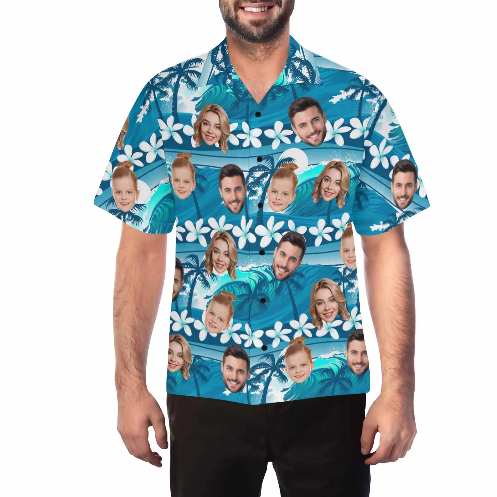 Custom two Face Hawaiian Shirt For Men With Tropical Floral Print Personalized Family Photos On Aloha Shirts Funny Gift