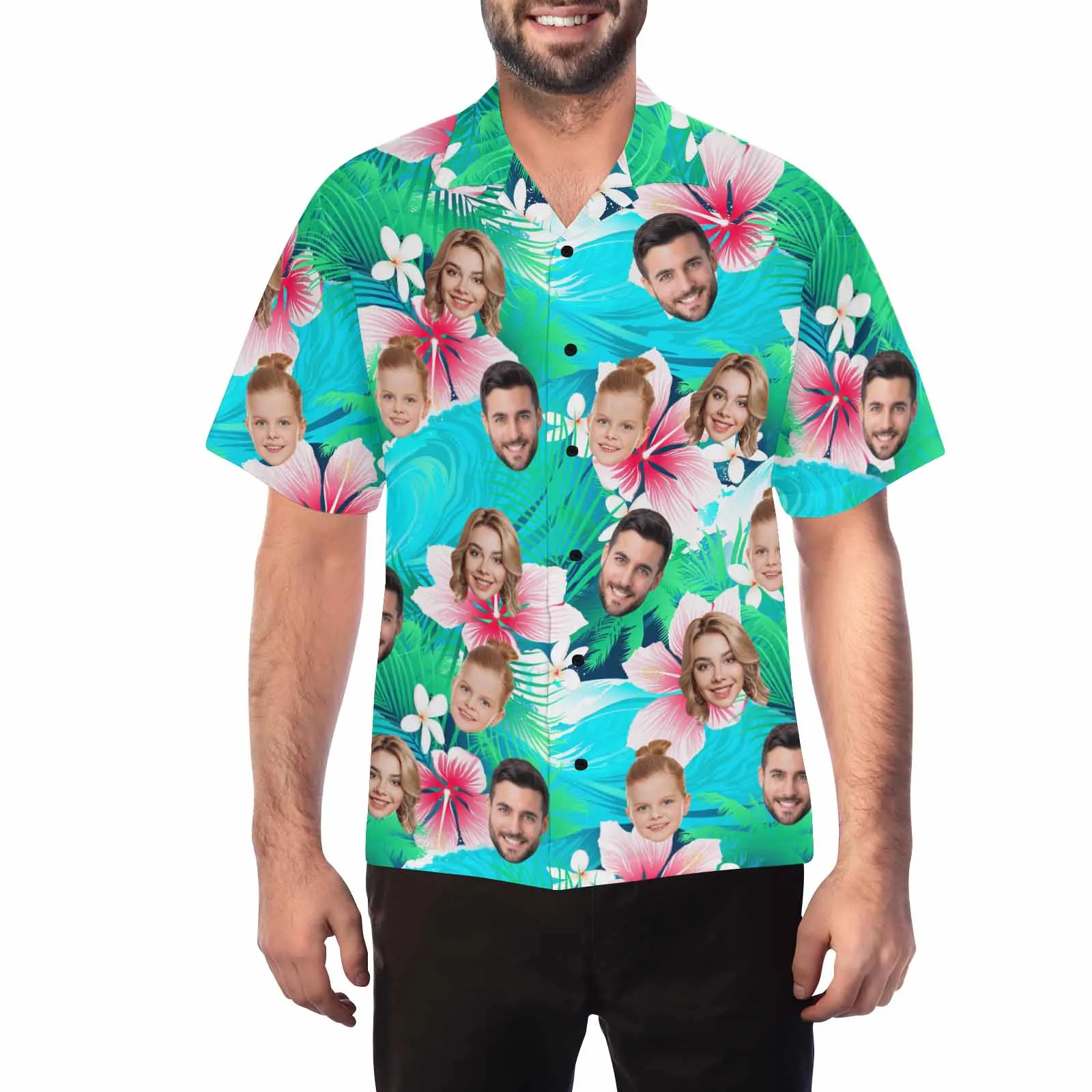 Custom two Face Hawaiian Shirt For Men With Tropical Floral Print Personalized Family Photos On Aloha Shirts Funny Gift