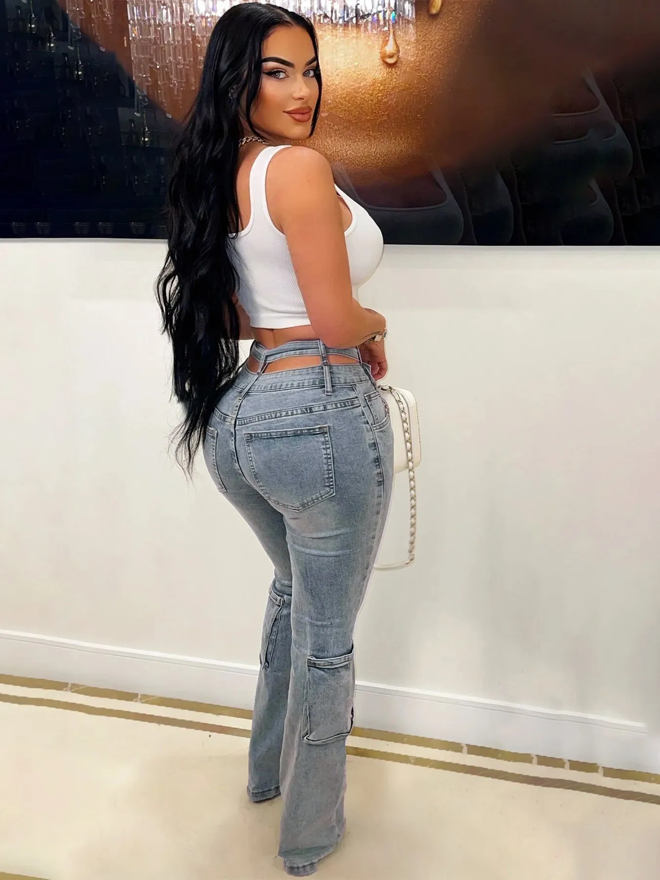 Double Layer Waistband Multi Bag Denim Trousers