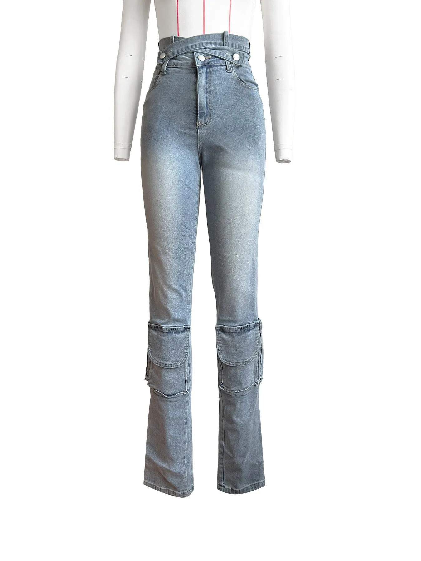 Double Layer Waistband Multi Bag Denim Trousers