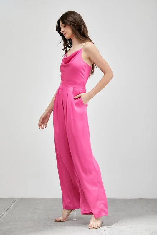 Draped Taupe Cowl Neck Trim Detail Jumpsuit