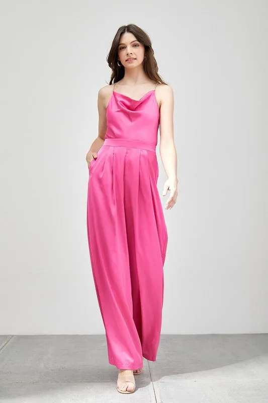 Draped Taupe Cowl Neck Trim Detail Jumpsuit