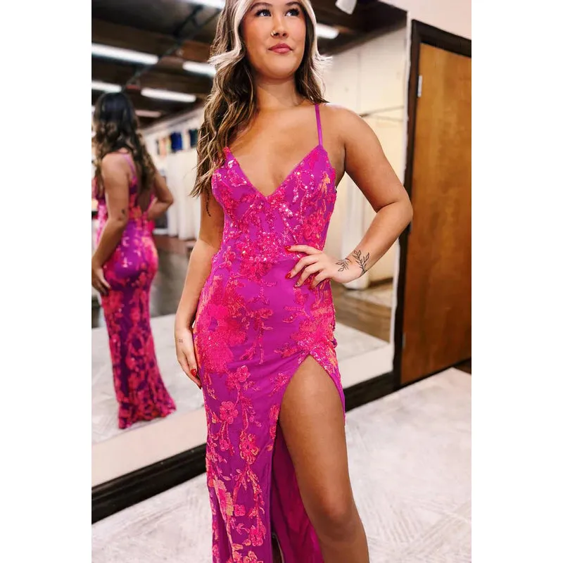 Elegant & Luxurious Spaghetti Straps V-Neck Side Slit Sheath Party Prom Dress With Applique