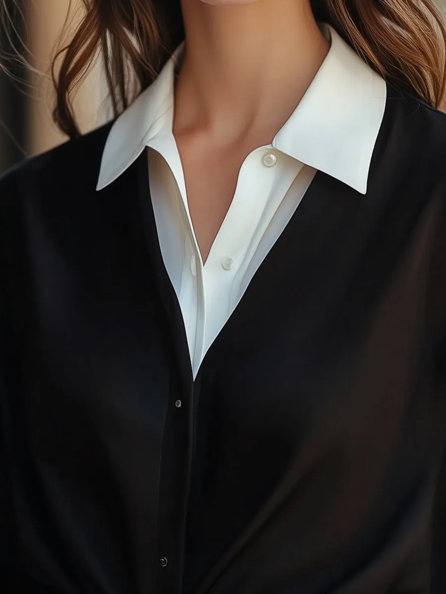 Fake Two-piece Chic Black Satin Blouse with White Contrast Collar
