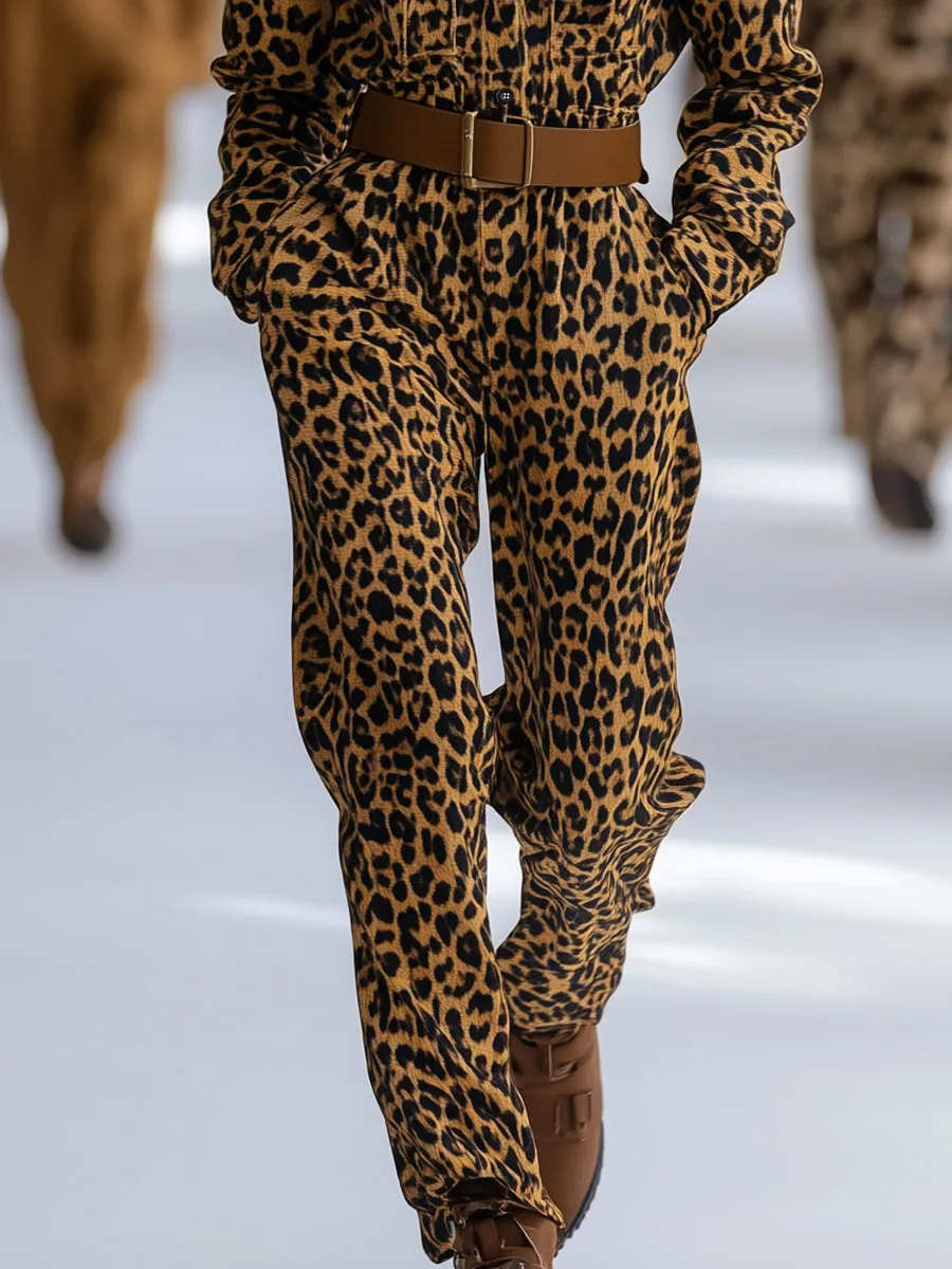 Fashion Retro Leopard Cotton Long-sleeved Jumpsuit