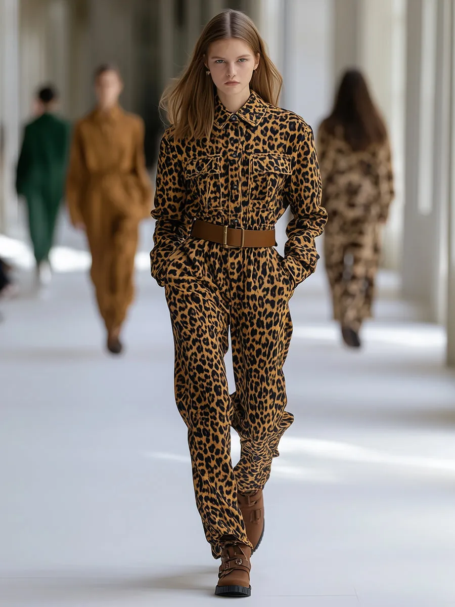 Fashion Retro Leopard Cotton Long-sleeved Jumpsuit