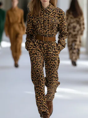 Fashion Retro Leopard Cotton Long-sleeved Jumpsuit