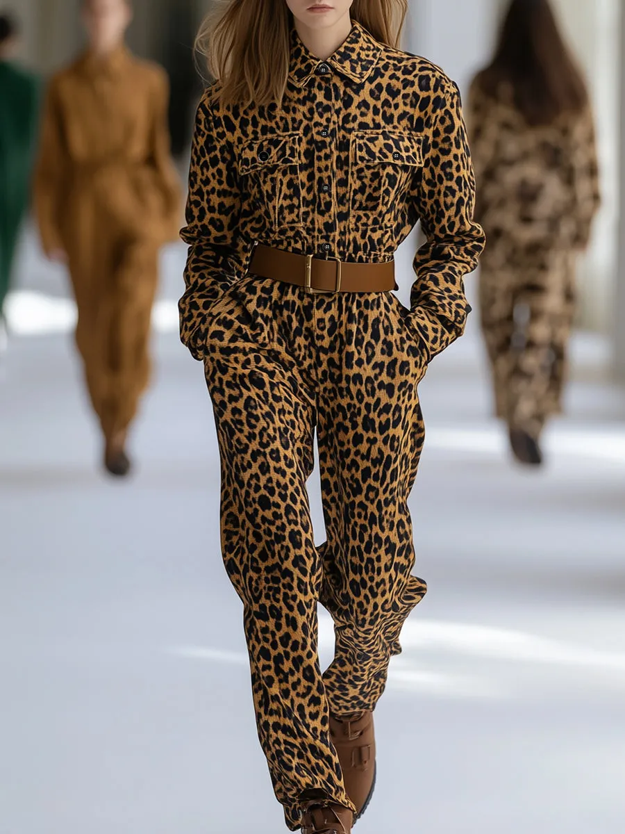 Fashion Retro Leopard Cotton Long-sleeved Jumpsuit