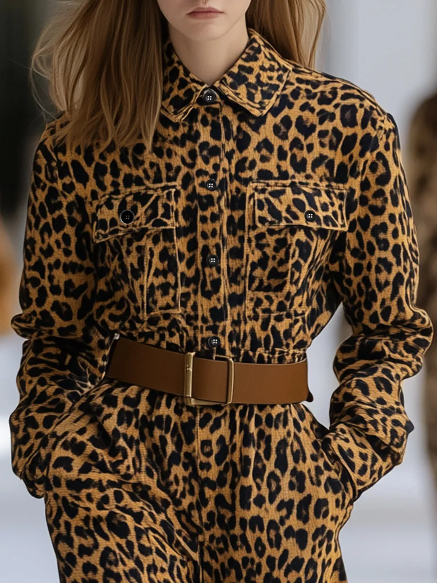 Fashion Retro Leopard Cotton Long-sleeved Jumpsuit
