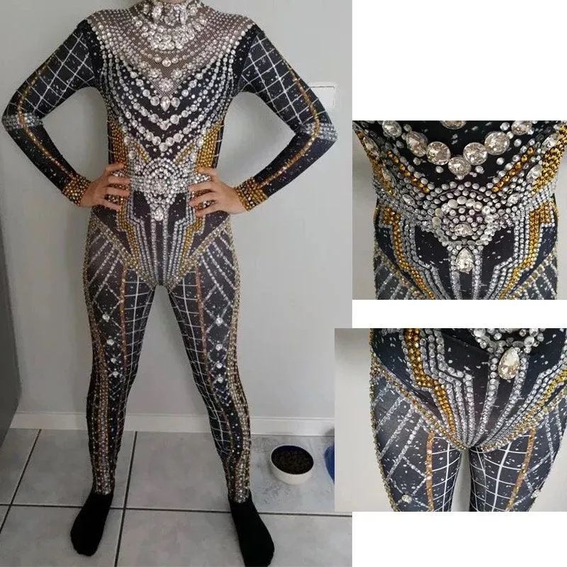 Festival Outfit Rhinestone Jumpsuit Bodysuit Fringe Sequin Catsuit Burning Man Disco Cowgirl Crystal Space Costume Rhinestone Black DragQueen