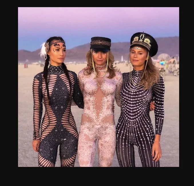 Festival Outfit Rhinestone Jumpsuit Bodysuit Fringe Sequin Catsuit Burning Man Disco Cowgirl Crystal Space Costume Rhinestone Black DragQueen