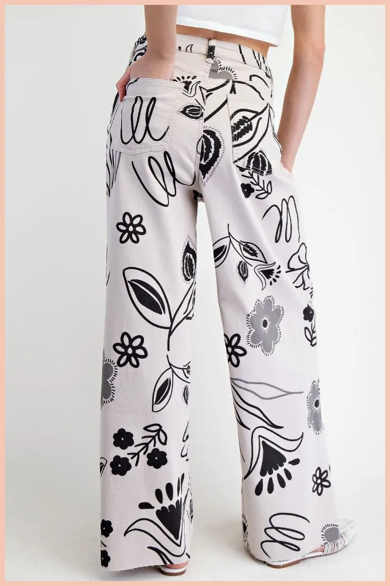 Floral Print Washed Twill Wide Pants