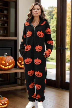 Fuzzy Pumpkin Half Zip Hooded Jumpsuit