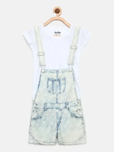 Gini and Jony Girls Blue Floral Print Dungarees