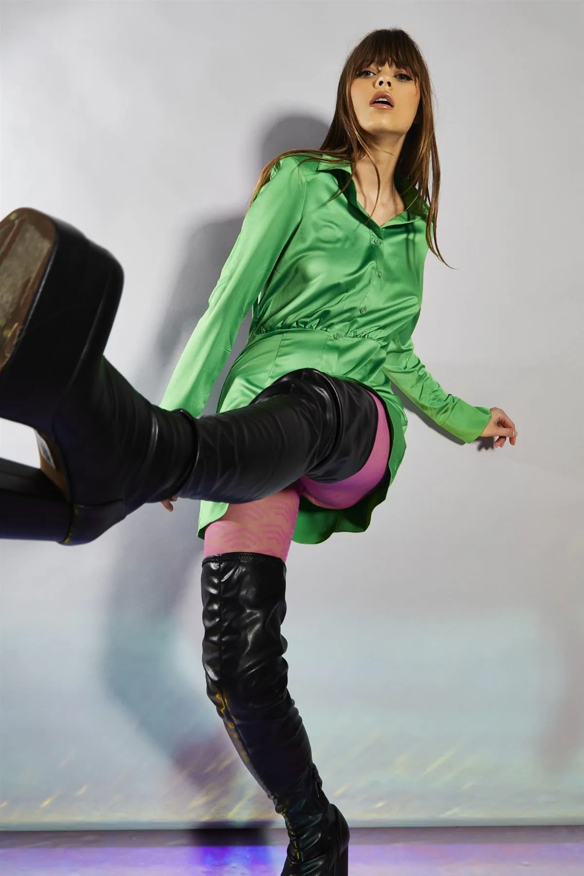 Green Fitted-Waist Shirt-Dress