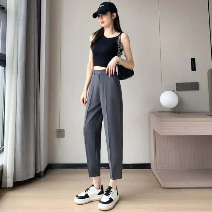High-Rise Plain Straight Leg Suit Pants