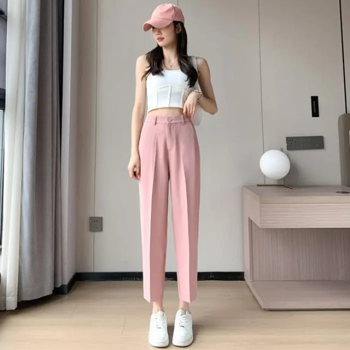 High-Rise Plain Straight Leg Suit Pants