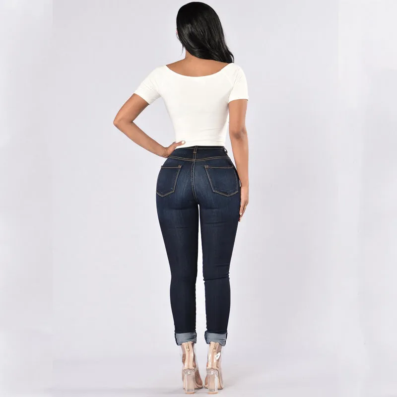 High Waist Stretch Solid Skinny Denim Pants