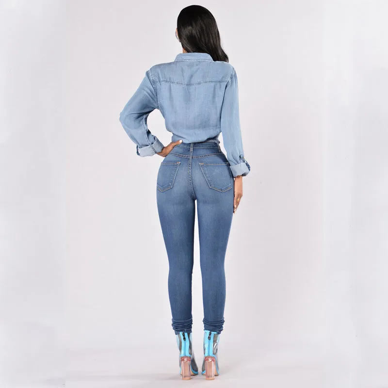 High Waist Stretch Solid Skinny Denim Pants