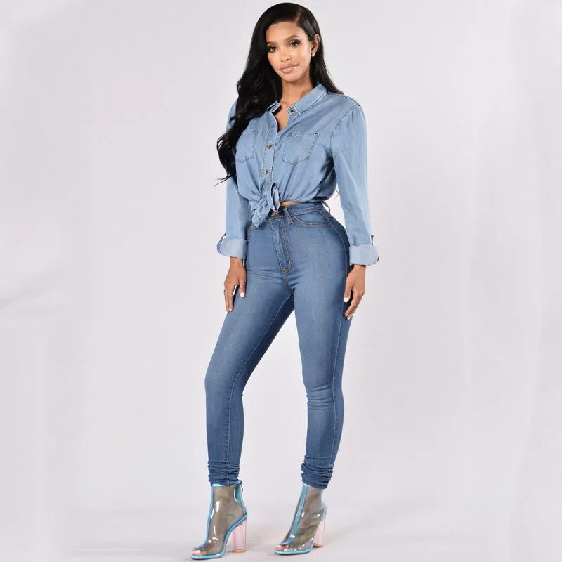 High Waist Stretch Solid Skinny Denim Pants