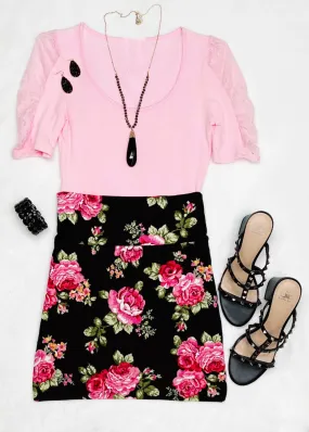 Lace Detail Puff Sleeve Top - Pink