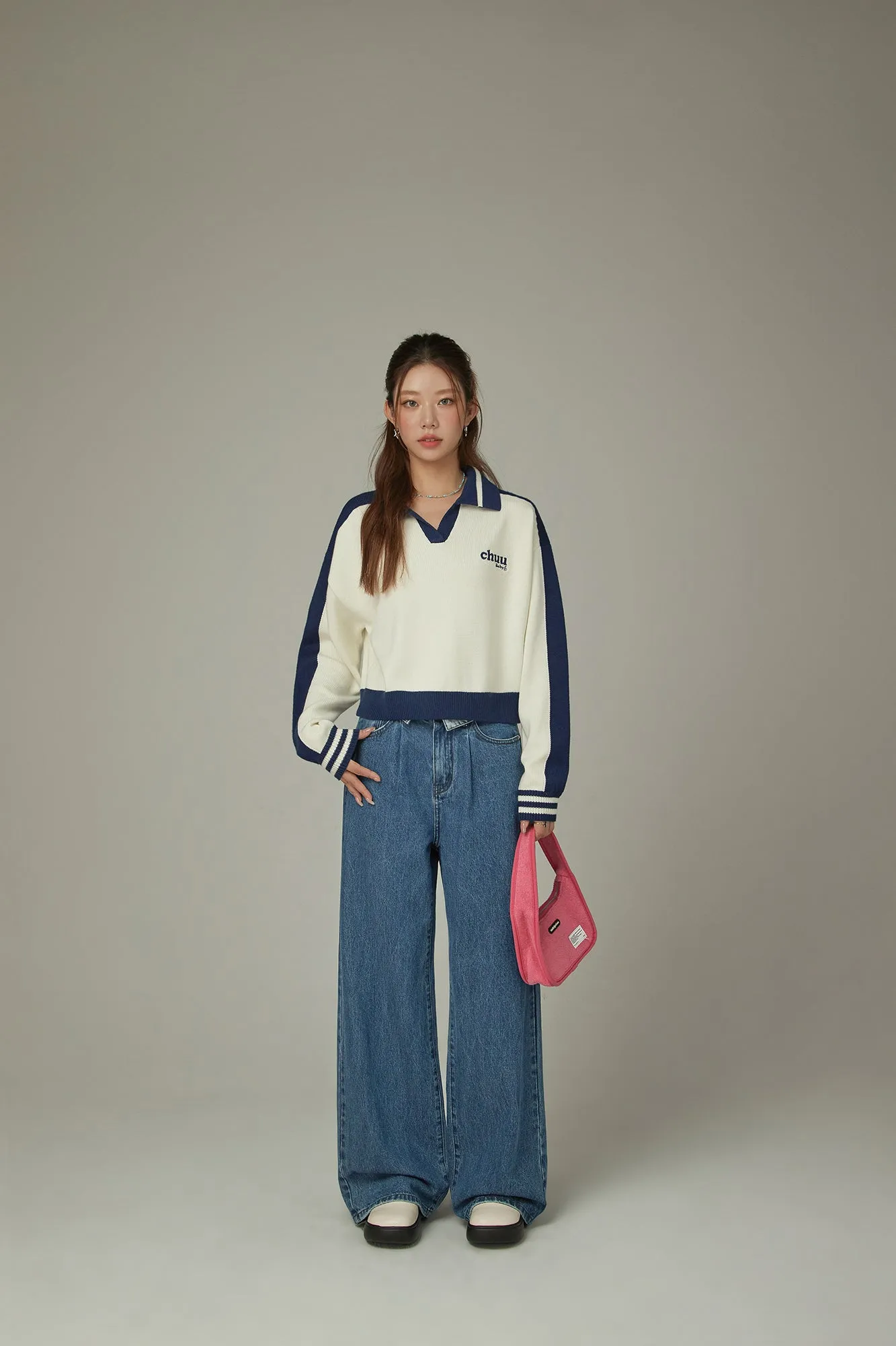 Logo Folded Waist Straight Denim Jeans
