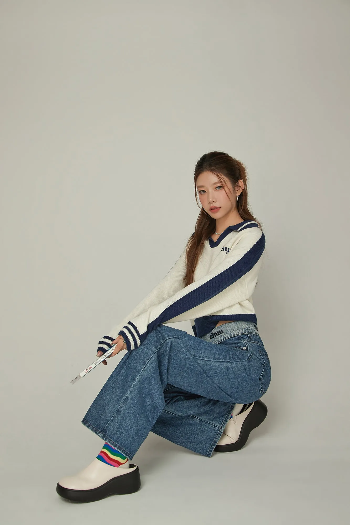 Logo Folded Waist Straight Denim Jeans