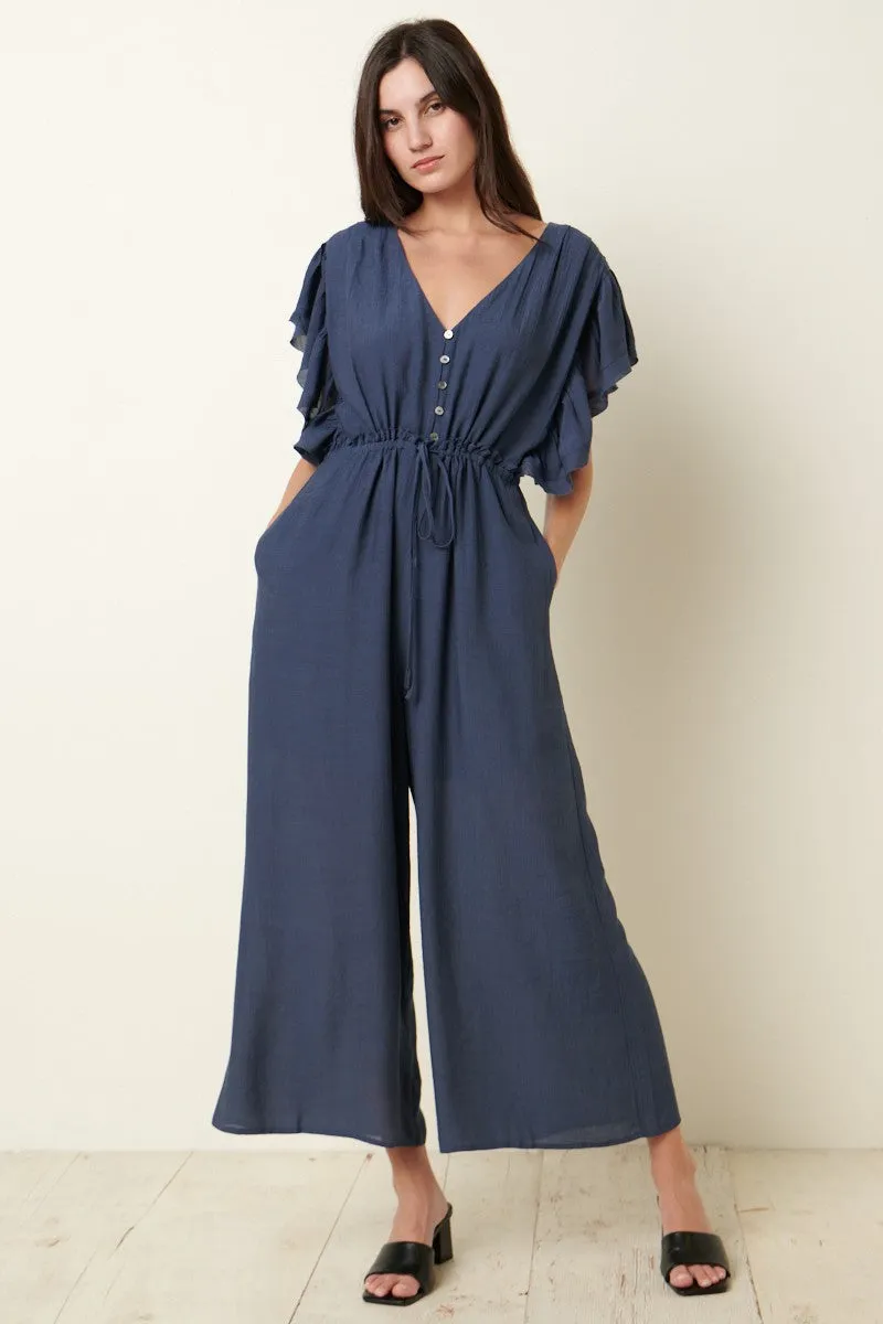 Luna Navy Ruffle Sleeve Gauze Jumpsuit