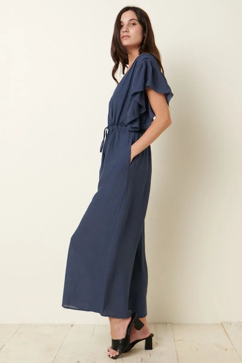 Luna Navy Ruffle Sleeve Gauze Jumpsuit