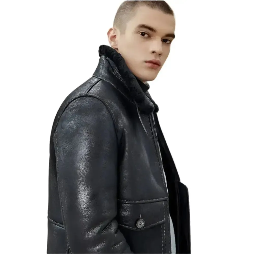 Men's Black Shearling Lapel Jacket – Short B3 Bomber Leather Coat