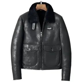 Men's Black Shearling Lapel Jacket – Short B3 Bomber Leather Coat