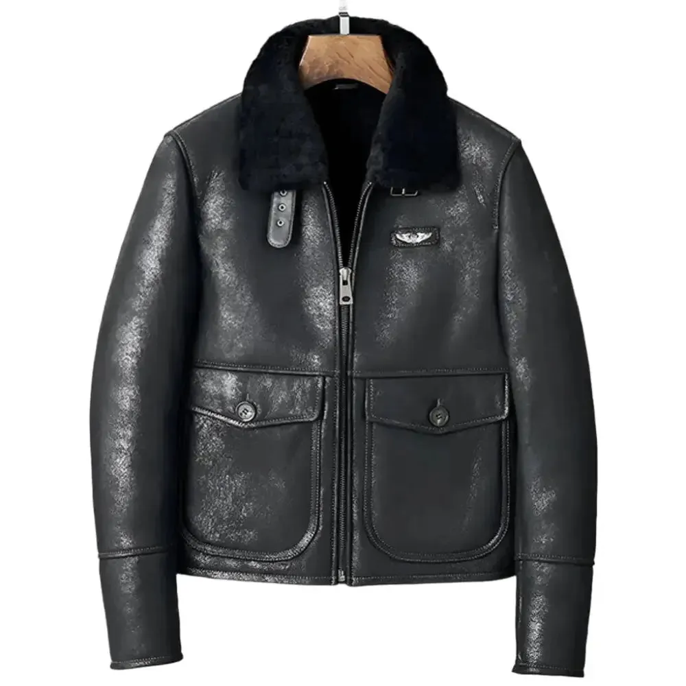 Men's Black Shearling Lapel Jacket – Short B3 Bomber Leather Coat