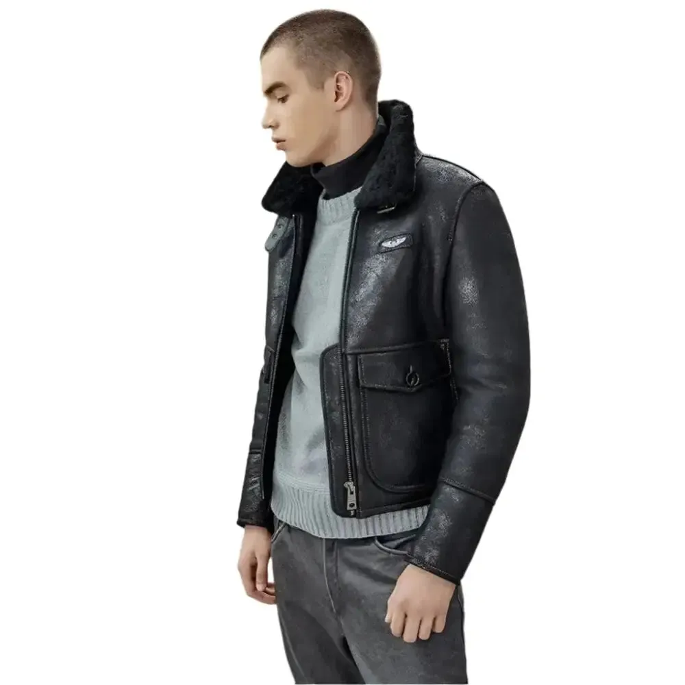 Men's Black Shearling Lapel Jacket – Short B3 Bomber Leather Coat