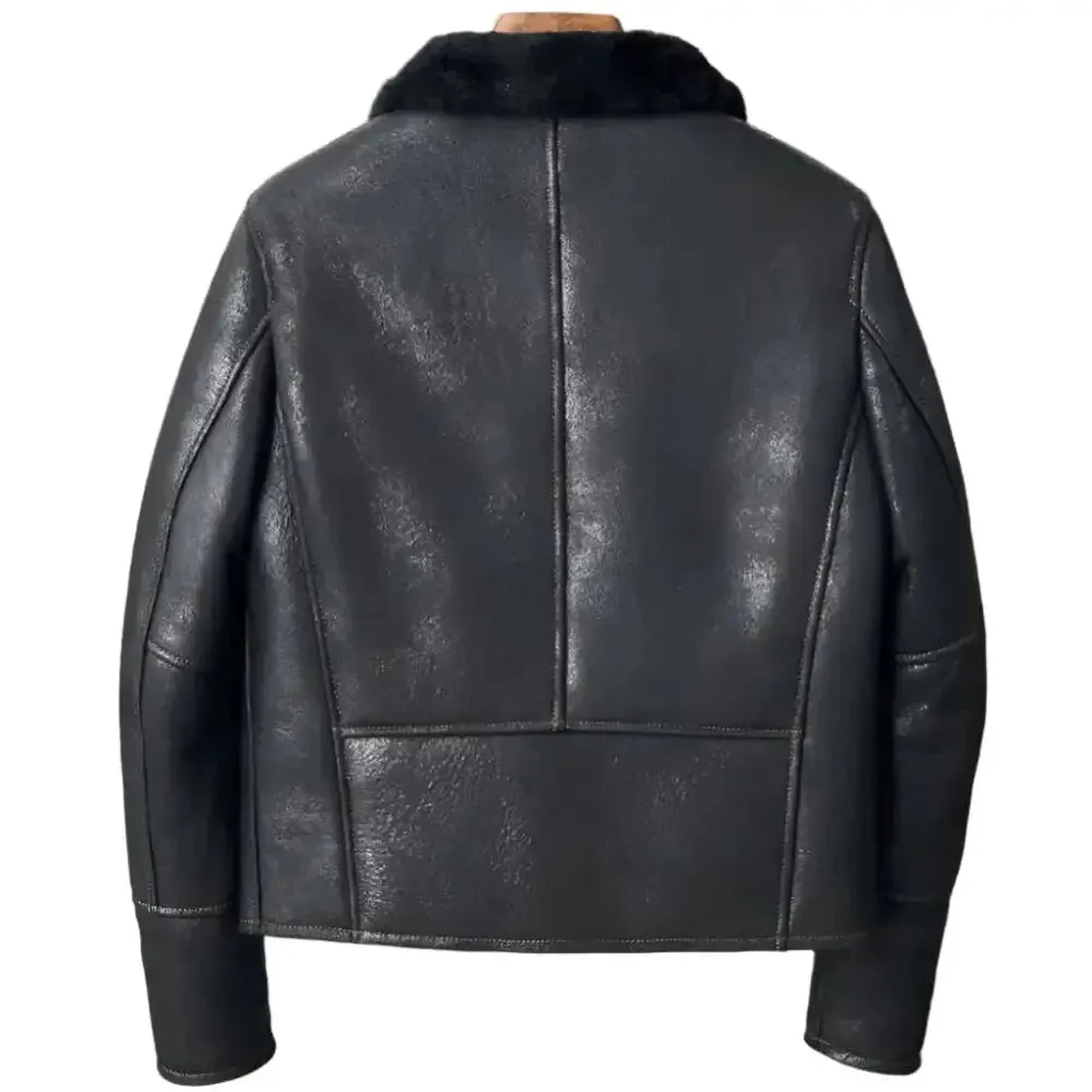 Men's Black Shearling Lapel Jacket – Short B3 Bomber Leather Coat