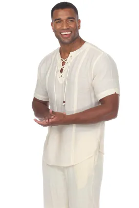 Men's Mandarin Collar Beachwear Lace Up Short Sleeve Shirt