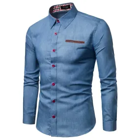 Men's Slim Fit Long Sleeve Shirt with Leather Pocket Panel