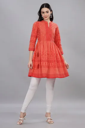 Mythri Office Wear Women's Short Kurta V Neck with 3/4th Sleeves  - Orange - TO07