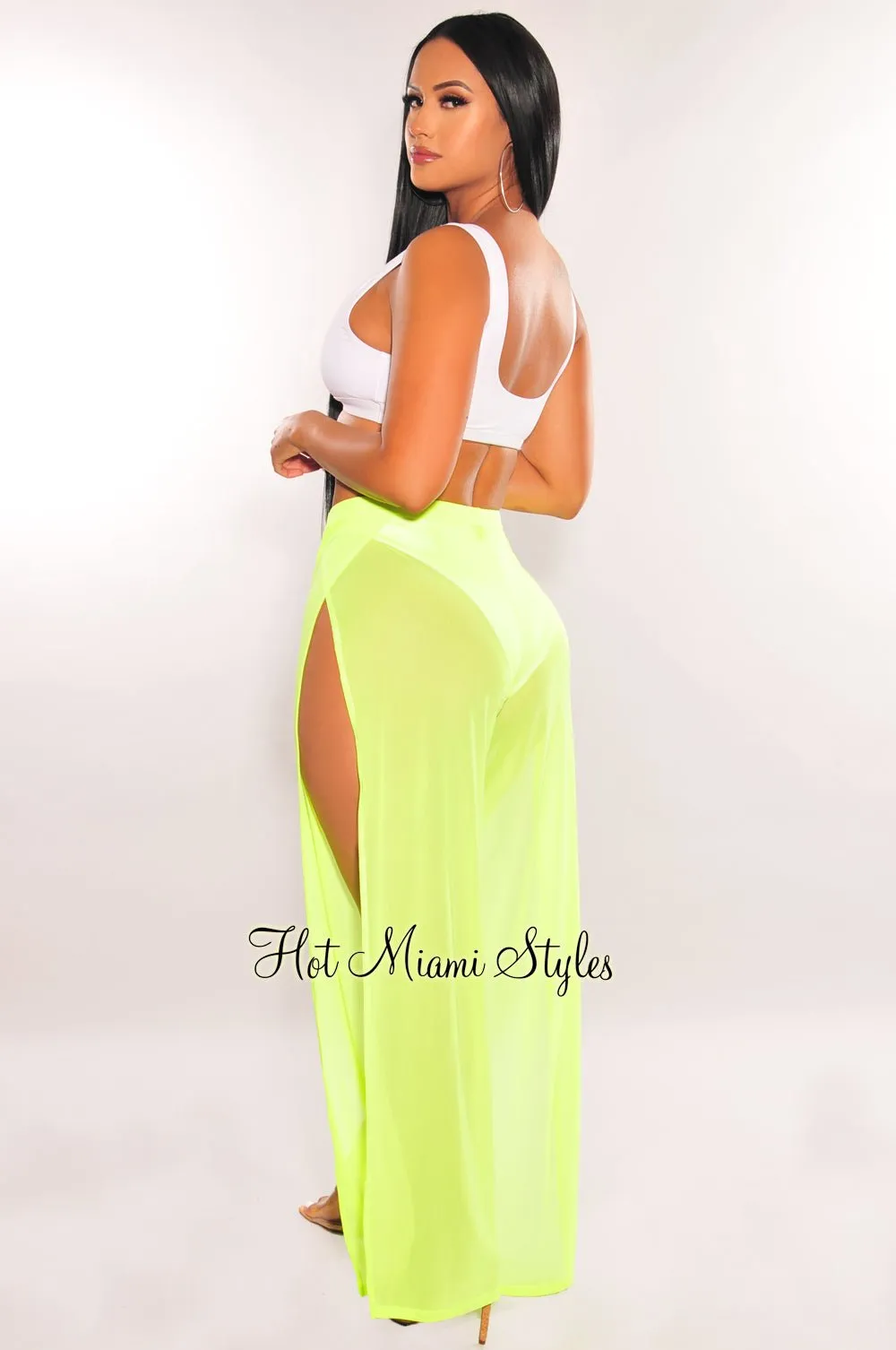 Neon Lime Mesh Sheer High Waist Double Slit Cover Up Pants