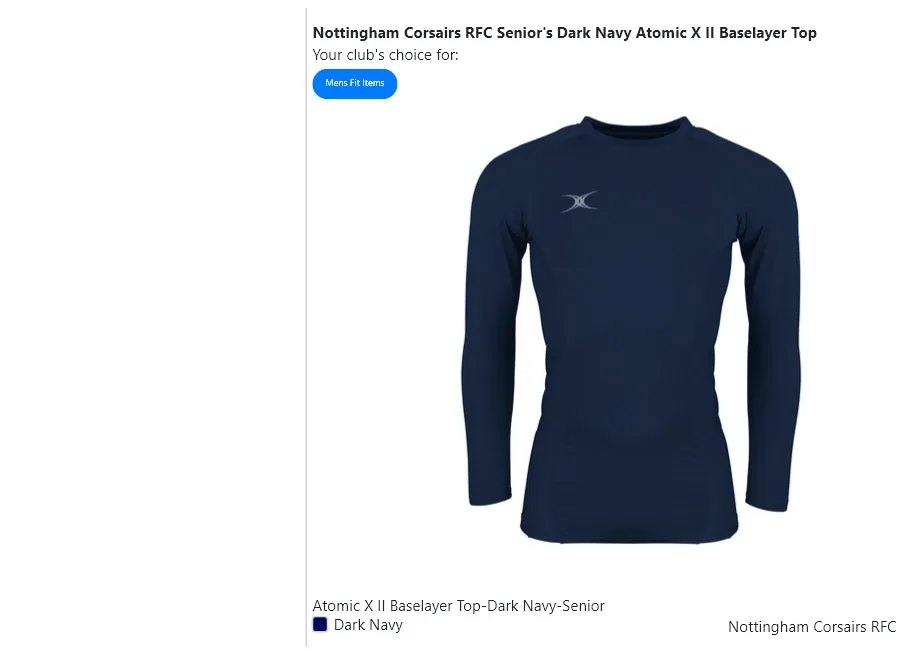 Nottingham Corsairs RFC Senior's Dark Navy Atomic X II Baselayer Top