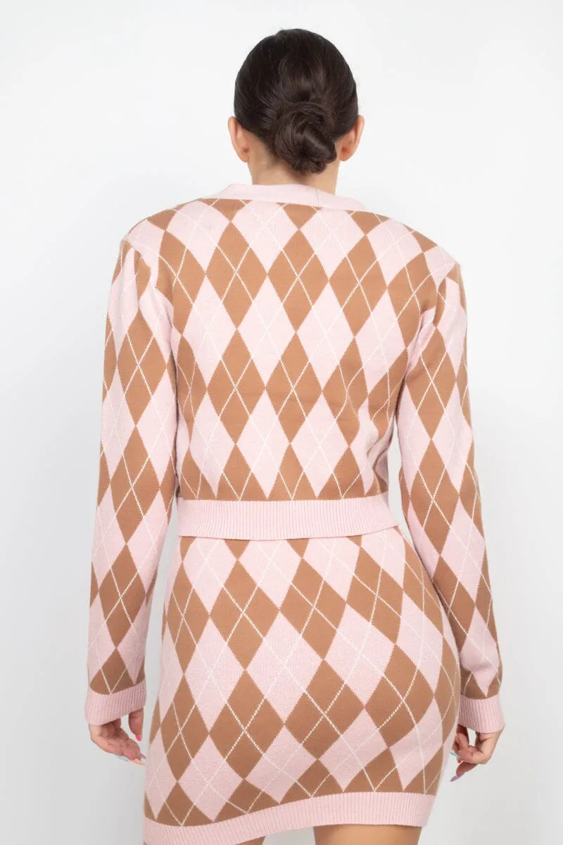 Pink Mocha V Neck Button Front Long Sleeve Cardigan Crop Top_